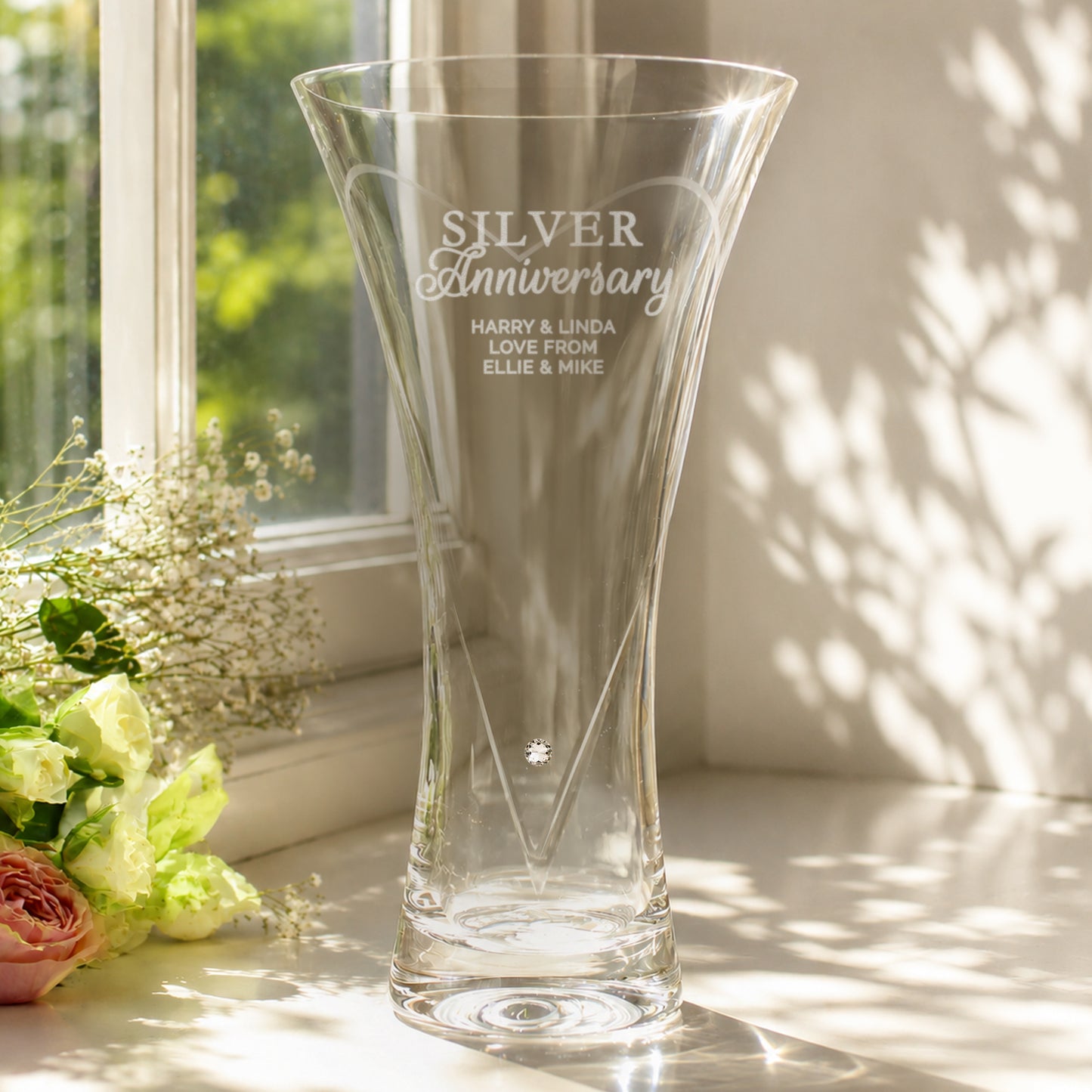 Personalised Silver Anniversary Large Hand Cut Diamond Effect Heart Vase