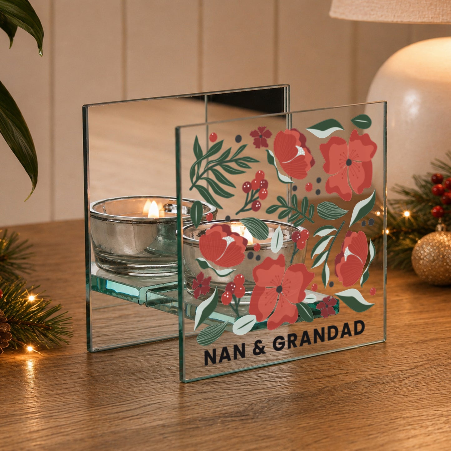 Personalised Poinsettia Glass Tealight Holder