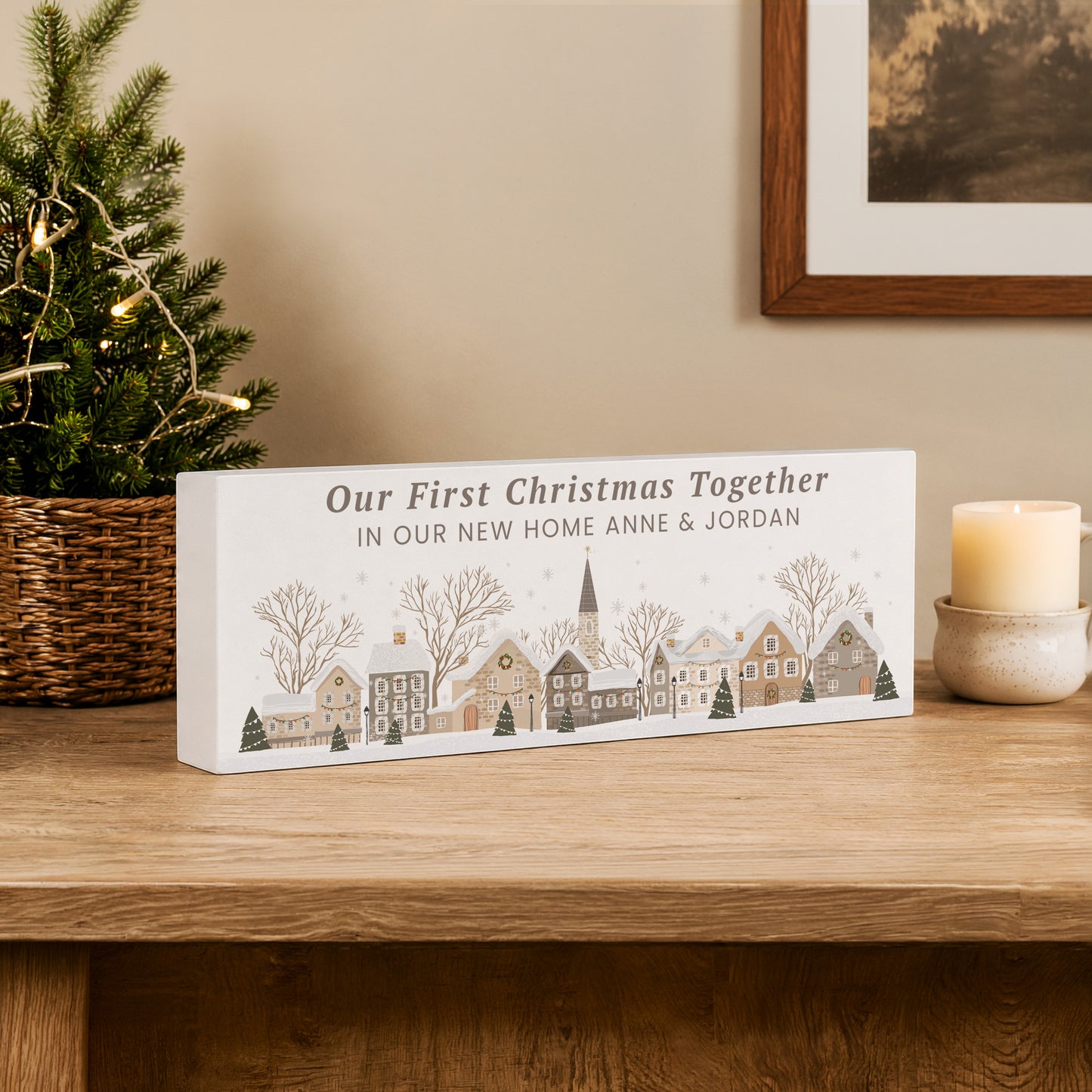 Personalised Christmas House Scene Wooden Mantle Block