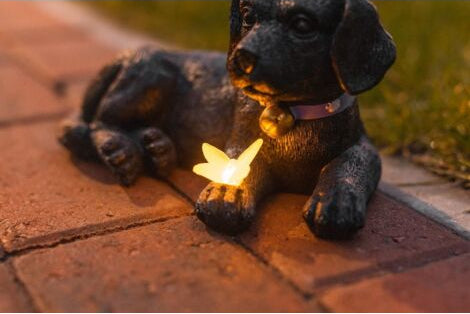 black labrador puppy statue with solar butterfly