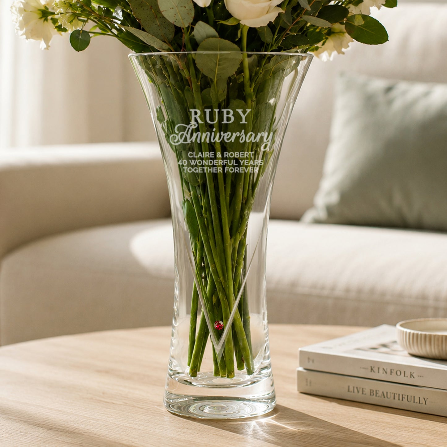 Personalised Ruby Anniversary Hand Cut Diamond Effect Heart Vase