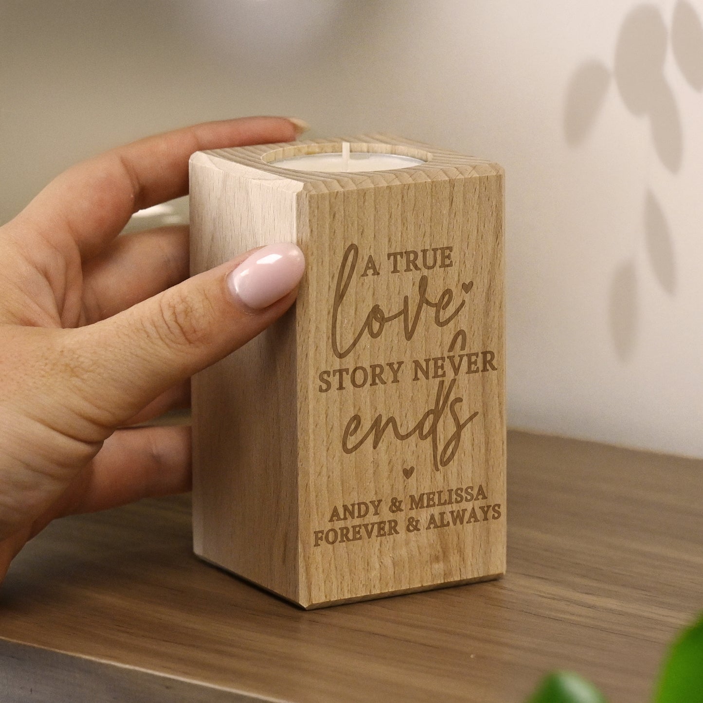 Personalised Love Story Wooden Tealight Holder