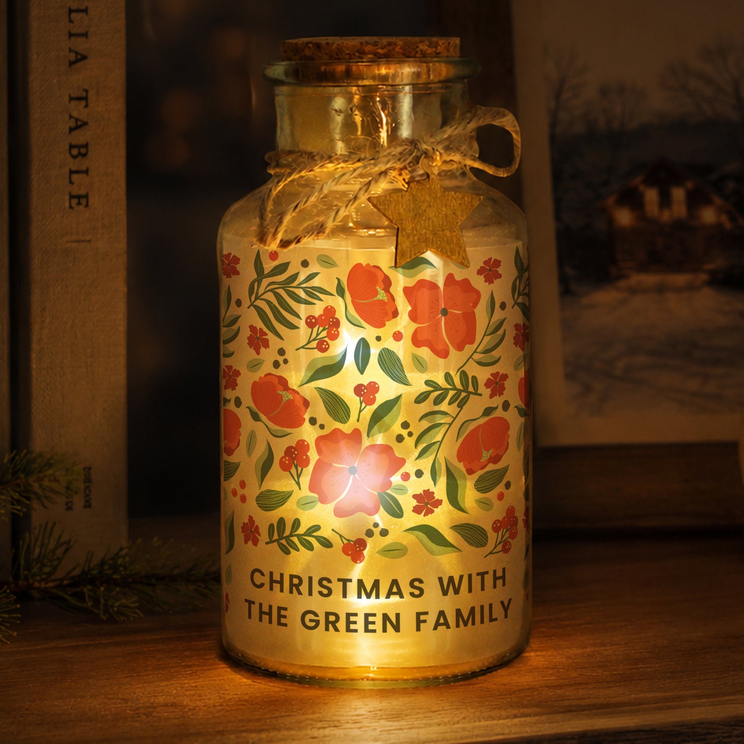 Personalised Poinsettia LED Glass Jar