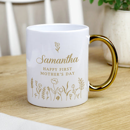 Personalised Floral Gold Handle Mug