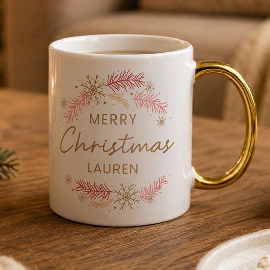 Personalised Pink & Gold Wreath Gold Handled Mug