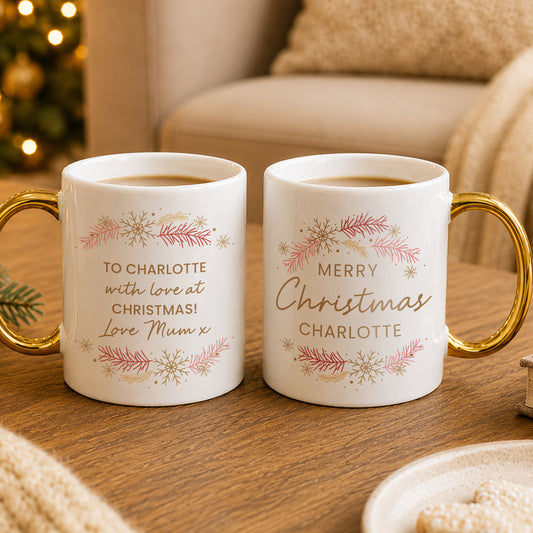 Personalised Pink & Gold Wreath Gold Handled Mug