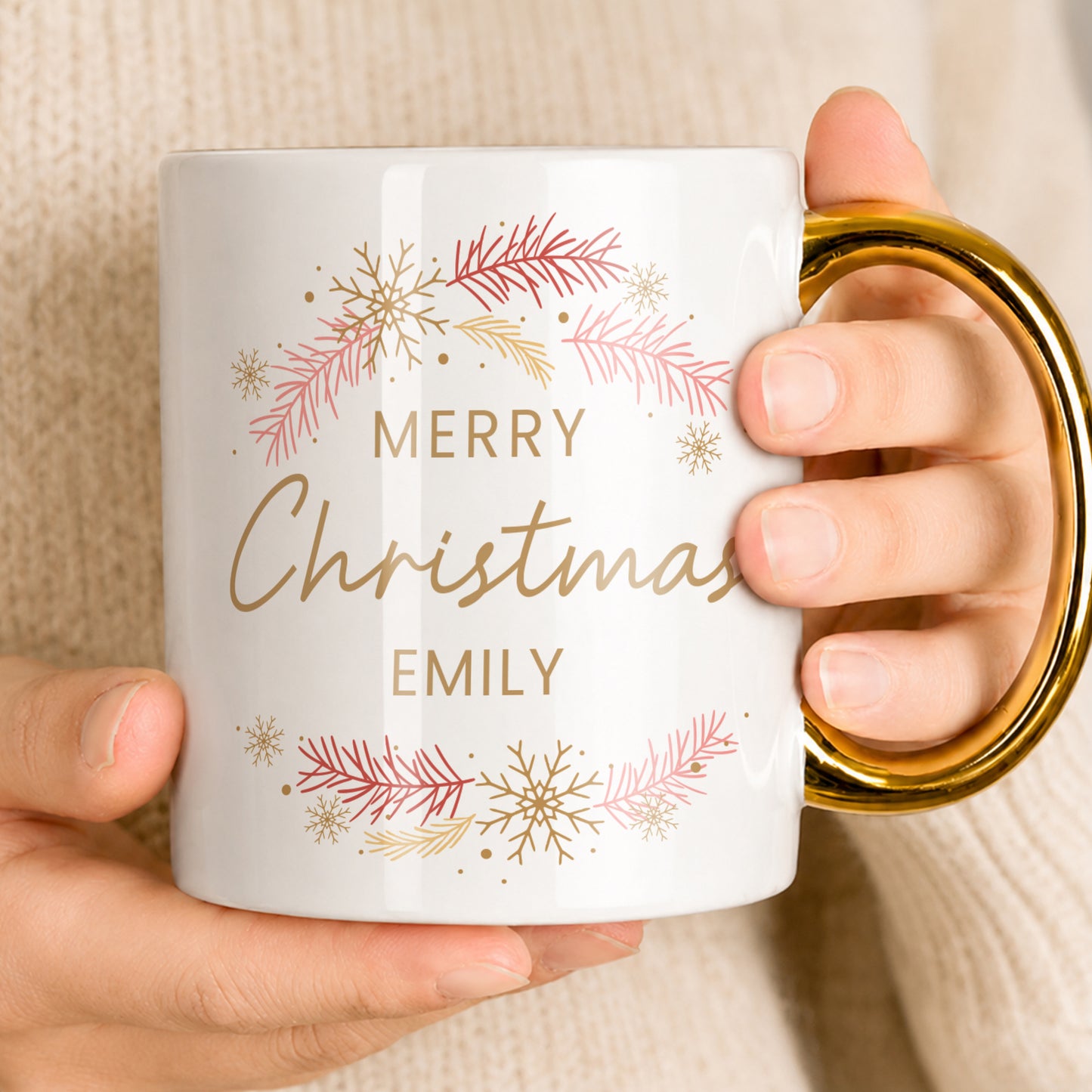 Personalised Pink & Gold Wreath Gold Handled Mug