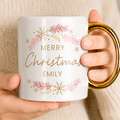 Personalised Pink & Gold Wreath Gold Handled Mug