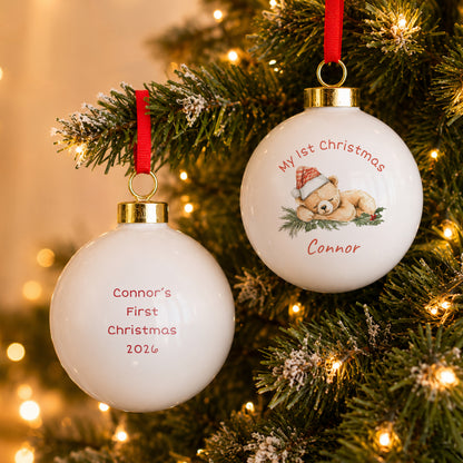 Personalised Sleepy Christmas Bear Ceramic Bauble