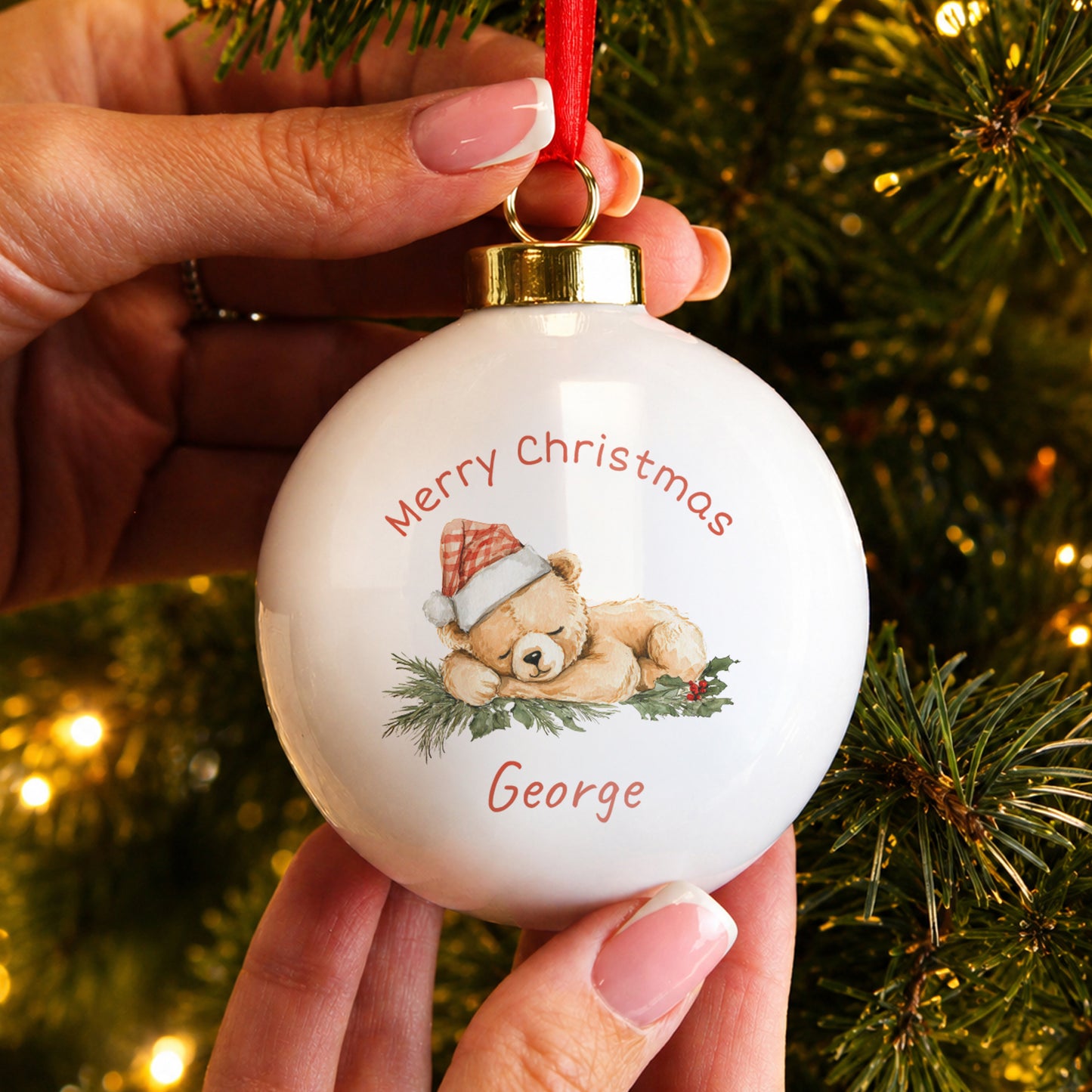 Personalised Sleepy Christmas Bear Ceramic Bauble