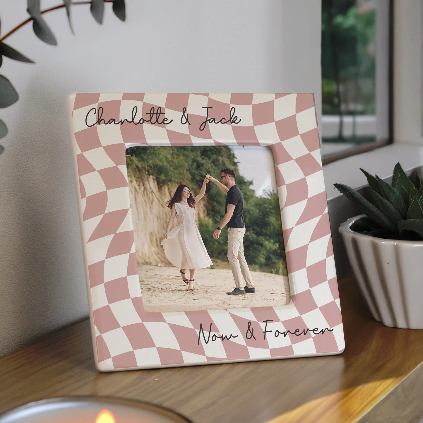 Personalised Pink Checkerboard Ceramic 4x4 Frame