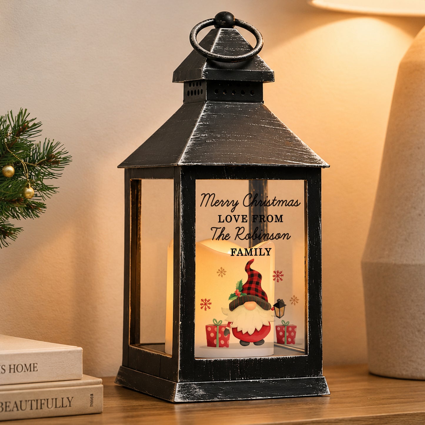 Personalised Christmas Gonk Black LED Lantern