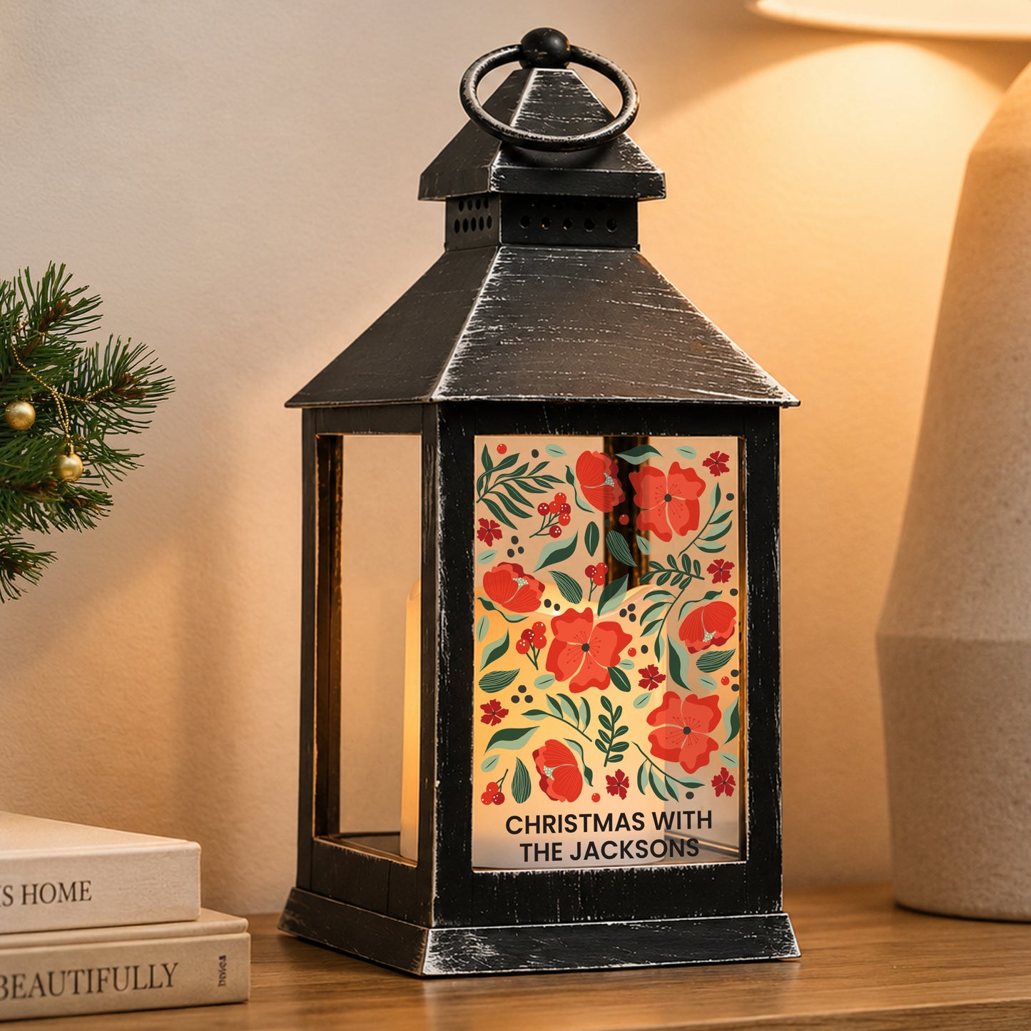 Personalised Poinsettia Black LED Lantern