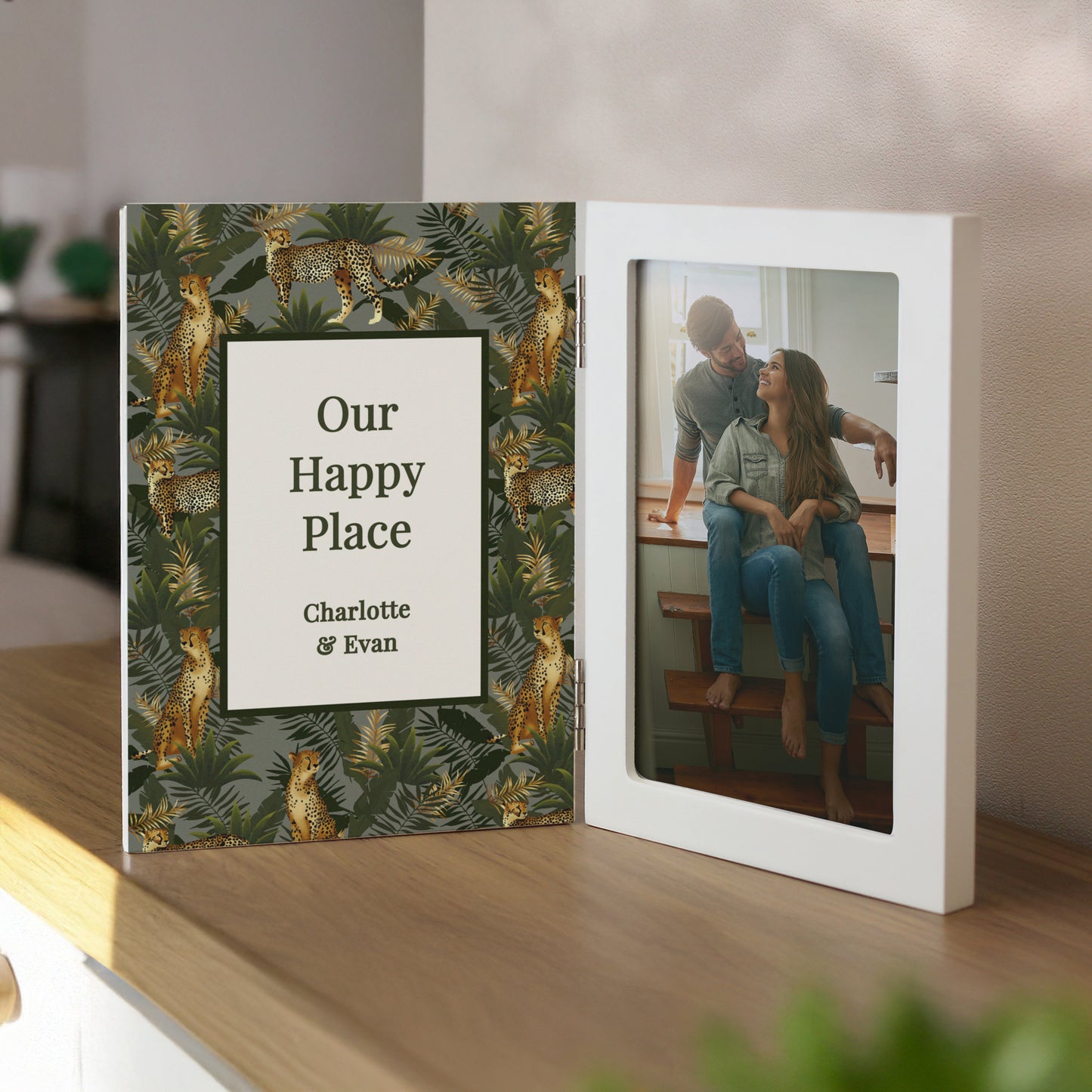 Personalised Leopard Print Wooden Hinged 6x4 Photo Frame