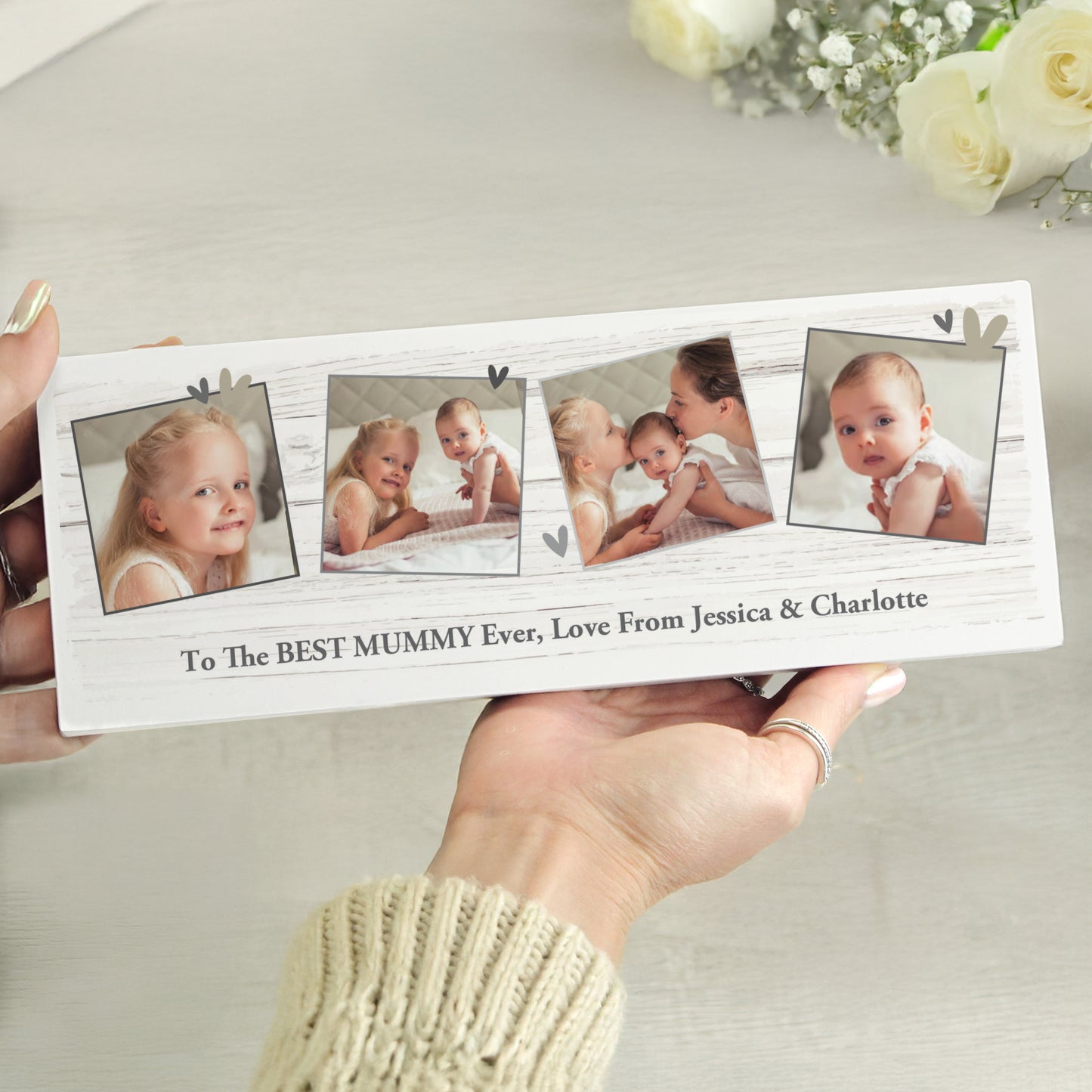 Personalised Photo Upload Hearts Mantel Block