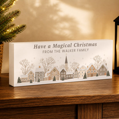 Personalised Christmas House Scene Wooden Mantle Block