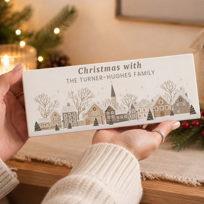 Personalised Christmas House Scene Wooden Mantle Block