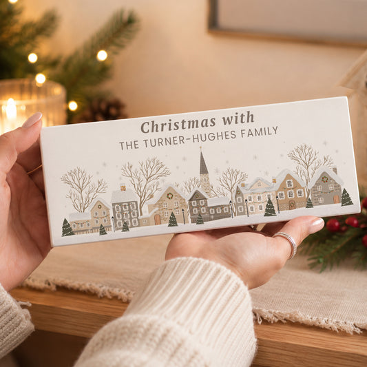 Personalised Christmas House Scene Wooden Mantle Block