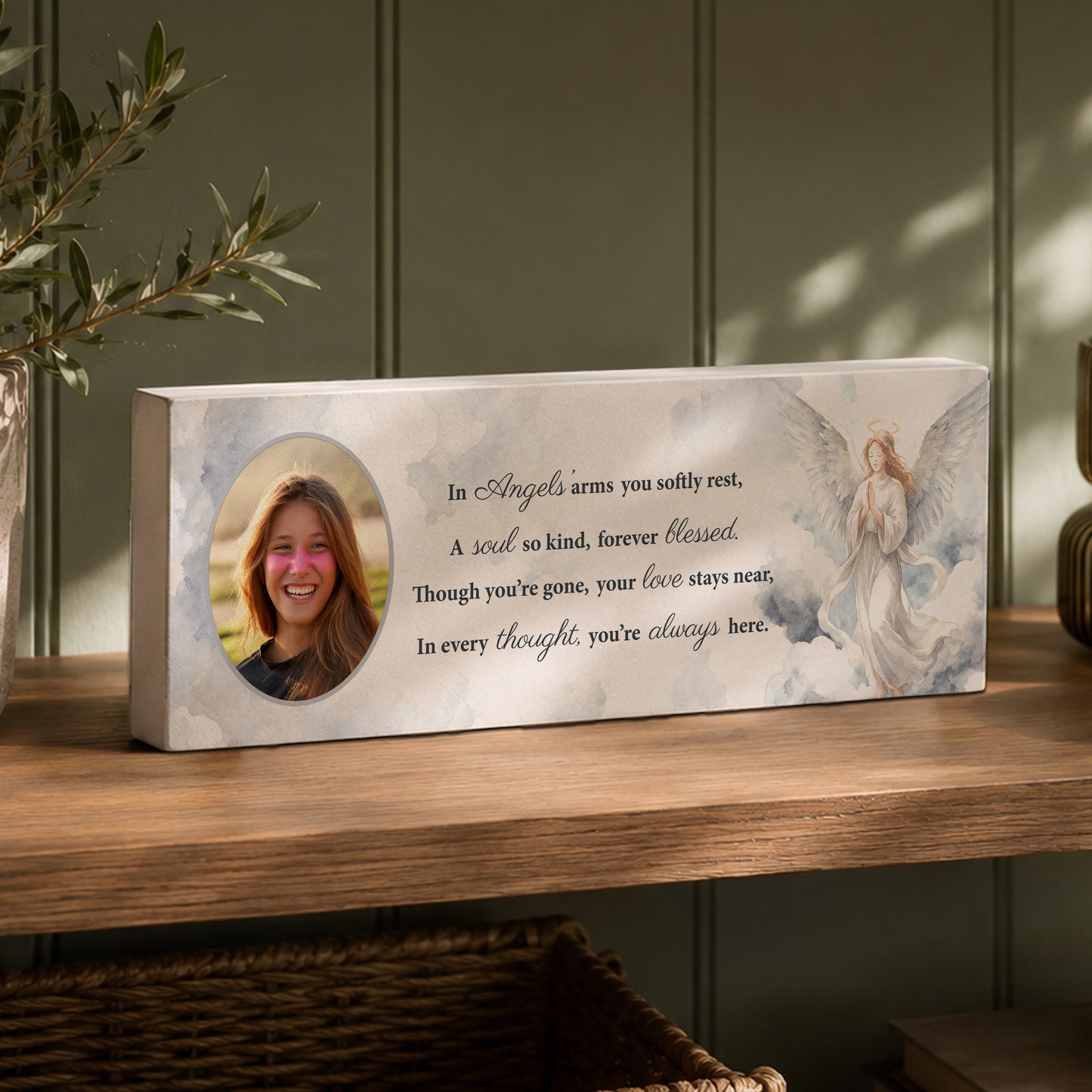 Personalised Memorial Angel Photo Upload Wooden Mantle Block