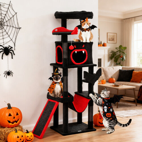 Gothic Cat Tree for Halloween with Coffin Bed, Large Condo