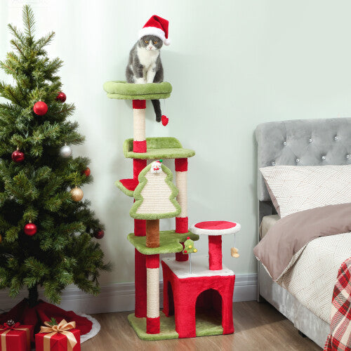Christmas Cat Tower with 3 Sisal Scratching Posts, Green
