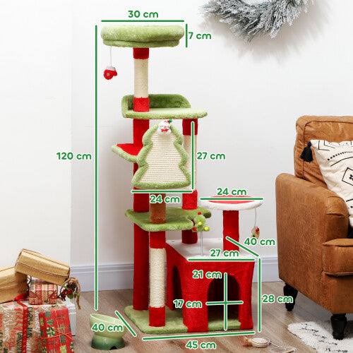 Christmas Cat Tower with 3 Sisal Scratching Posts, Green