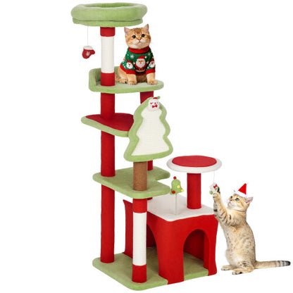 Christmas Cat Tower with 3 Sisal Scratching Posts, Green